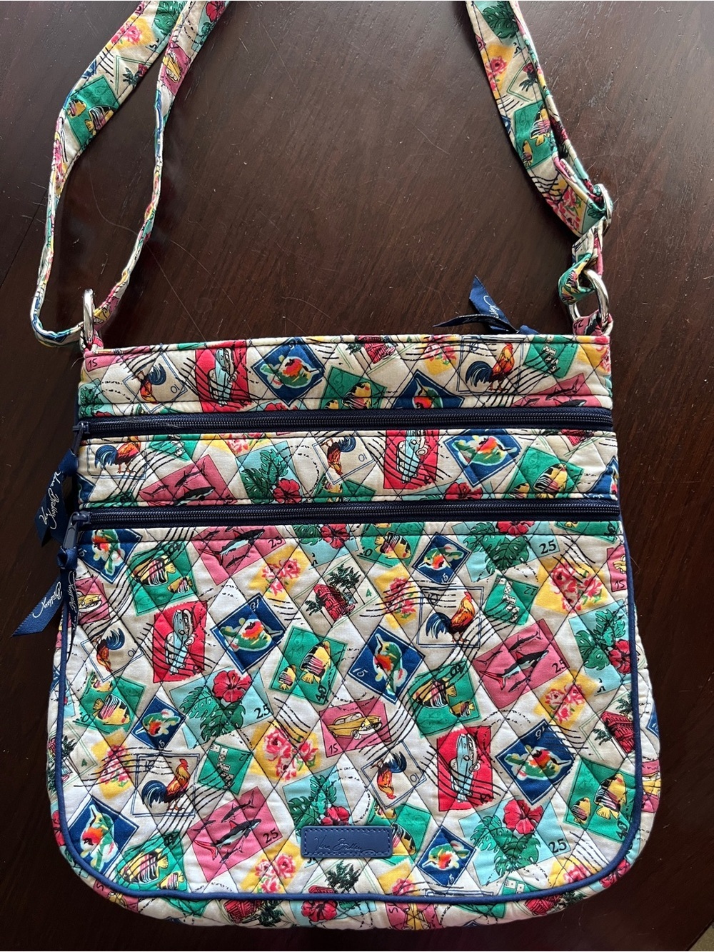 Vera Bradley Stamp Prints Quilted Crossbody Triple Zip Bag